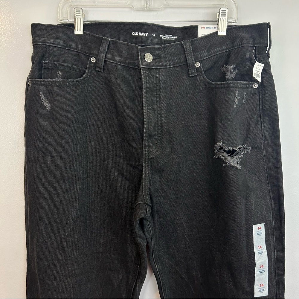 NWT Old Navy Black High Rise Slouchy Straight Distressed Black Denim Jeans Sz 14 - Picture 3 of 11